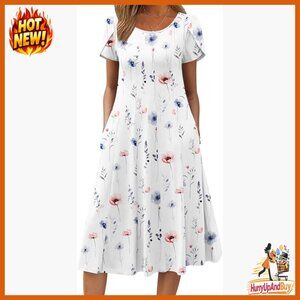 Casual Summer Midi Dress Flowy Flare A-Line Short Sleeve Beach Sundress